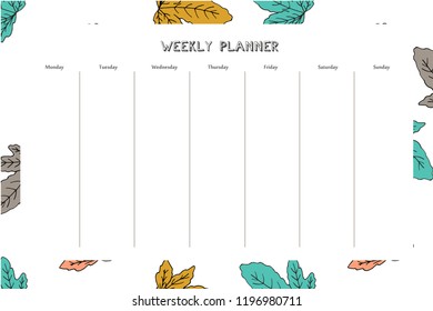 Weekly planner with fig pattern in hand drawn style. For print, office, school. Vector illustration