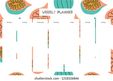 Weekly planner with fig pattern in hand drawn style. For print, office, school. Vector illustration