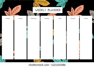 Weekly planner with fig pattern in hand drawn style. For print, office, school. Vector illustration