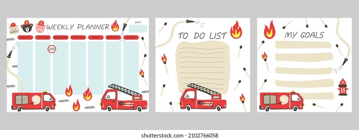 Weekly planner. Firefighter cartoon notebook sheet, to do list and goals template, cars poster for boys, city transport childish stationery design, red auto, fire and truck, vector isolated concept