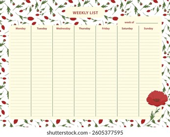 Weekly planner with floral background. To-do list. Vector flat style template.