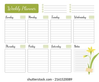 Planner semanal con diseño floral. Horario decorado con flor de gagea lutea. Calendario, organizador, para hacer la lista. Plantilla de vectores imprimible a partir de domingo, a4.