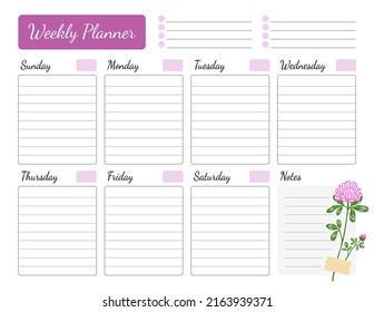 Weekly planner with floral design. Schedule decorated with red clover flower. Calendar, organizer, to do list. Vector printable template starting with sunday, a4 size.