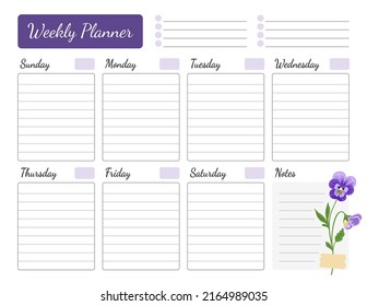 Weekly planner with floral design. Schedule decorated with violet pansy flower. Calendar, organizer, to do list. Vector printable template starting with sunday, a4 size.