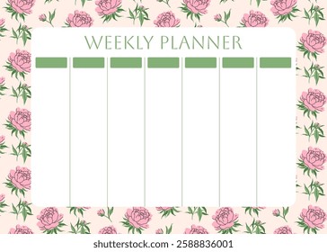 Weekly planner with floral pattern. with Delicate pink peonies and leaves on pink background for notes. Cute school planner is for 7 days. Kids schedule design template. Vector flat illustration.