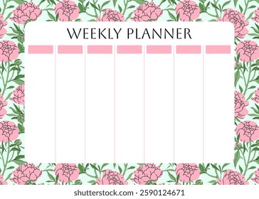 Weekly planner with floral pattern. with Delicate pink peonies and leaves on pink background for notes. Cute school planner is for 7 days. Kids schedule design template. Vector flat illustration.