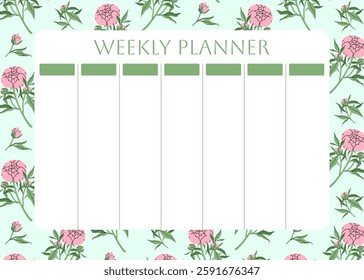 Weekly planner with floral pattern. with Delicate pink peonies and leaves on mint background for notes. Cute school planner is for 7 days. Kids schedule design template. Vector flat illustration.