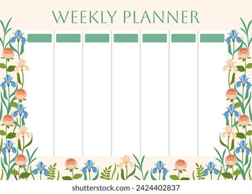 Weekly planner with floral pattern. Irises and other spring flowers and leaves background for notes. Cute school planner is for 7 days. Kids schedule design template. Vector flat illustration.