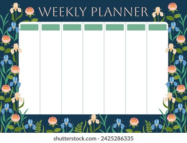 Weekly planner with floral pattern. Irises and other spring flowers and leaves background for notes. Cute school planner is for 7 days. Kids schedule design template. Vector flat illustration.