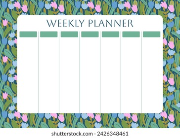 Weekly planner with floral pattern. Spring flowers and leaves, tulips on dark background for notes. Cute school planner is for 7 days. Kids schedule design template. Vector flat illustration.