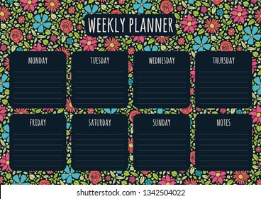 Weekly planner with flowers, daily plans and flowers. Vector