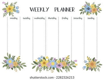 Weekly planner with flowers in doodle style. Children's timetable design template with flowers. Vector illustration.