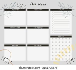 Weekly planner with flowers, a stationery organizer for daily plans, floral vector weekly planner template. Schedule.