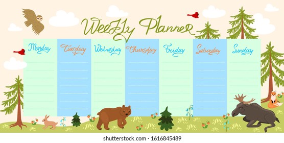 Weekly planner with forest animals and birds. Vector graphics.
