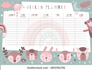 Weekly Planner With Forest Animals In Boho Style. Kids Schedule Design Template. Vector Illustration.