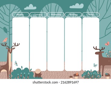Weekly planner with forest landscape with animals and trees. Vector hand drawn graphics. A4 size printable template