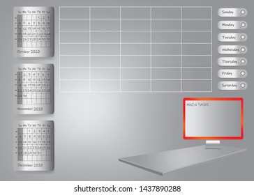 Weekly planner for fourth quarter of 2020 year on metallic sheets with chart and PC screen for main tasks standing on 3d gray desk. All potential trademarks are removed. 