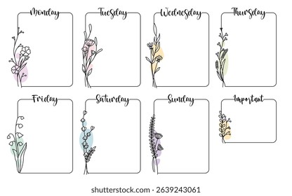 Weekly planner frames with natural floral hand drawn design for time management and organization. Botanical borders minimalist line art pages for schedule notes and memo tips vector illustration