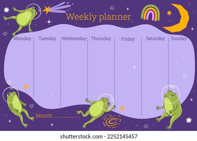 Weekly planner with frogs in space. Vector graphics.