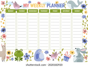 Weekly planner with funny animals. Llama, rabbit, penguin, frog, bird, whale in flat style. Kids timetable design template.