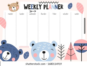Weekly planner with funny bears in doodle cartoon style. Kids schedule design template. Vector illustration.