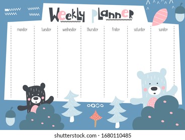 Weekly planner with funny bears and tree in doodle cartoon style. Kids schedule design template. Vector illustration.