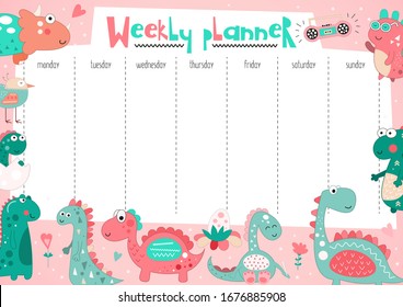Weekly planner with funny dinos in doodle cartoon style. Kids schedule design template. Vector illustration.