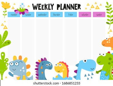 Weekly planner with funny dinosaurs and dinos baby in doodle cartoon style. Kids schedule design template. Vector illustration.