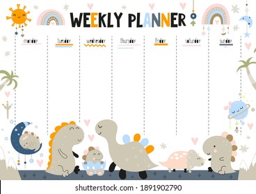 Weekly planner with funny dinosaurs and dinos baby in boho style. Kids schedule design template. Vector illustration.