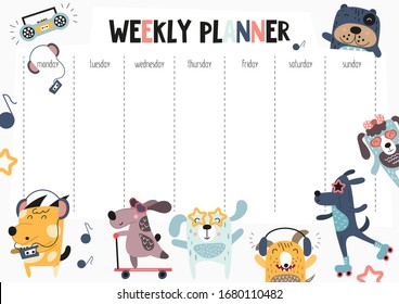 Weekly planner with funny dogs in doodle cartoon style. Kids schedule design template. Vector illustration.