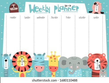Weekly planner with funny funny forest animals in doodle cartoon style. Kids schedule design template. Vector illustration.