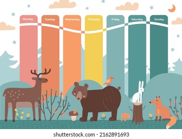 Weekly planner with funny forest animals in doodle scandinavian style. Kids school schedule sheet. Vector hand drawn illustration. A4 size printable template