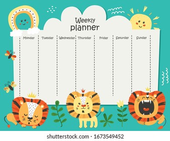 Weekly planner with funny lions for kids schedule 