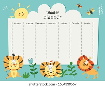 Weekly planner with funny lions for kids schedule design template.