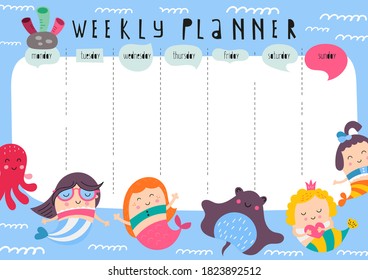 Weekly planner with funny mermaids and sea creatures in doodle cartoon style. Underwater adventures. Kids schedule design template. Vector illustration.