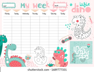 Planificador semanal con graciosos dinos de menta al estilo de los dibujos animados. Plantilla de diseño de programación infantil. Mini juegos incluidos - maze, punto a punto, página de color. Ilustración vectorial.