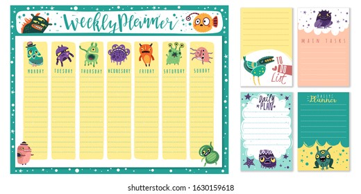 Weekly planner funny monsters. Kids planner and to do list with cartoon fairy creatures characters. A timetable for elementary school. Vector illustration