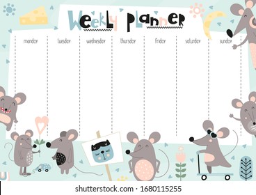 Weekly planner with funny mouses in doodle cartoon style. Kids schedule design template. Vector illustration.