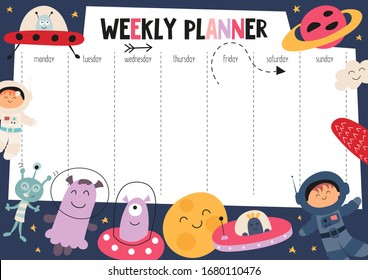 Weekly planner with funny outer space and cartoon cosmos characters in doodle cartoon style. Kids schedule design template. Vector illustration.