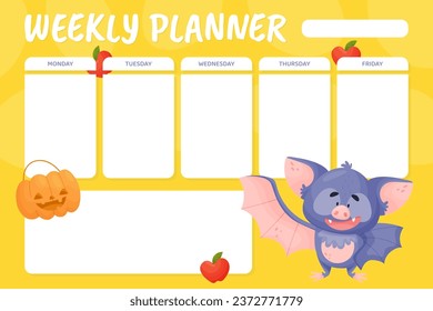 Weekly Planner with Funny Purple Bat Character Vector Template
