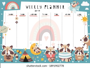 Weekly planner with funny raccoons and raccoon baby in doodle cartoon style. Kids schedule design template. Vector illustration.