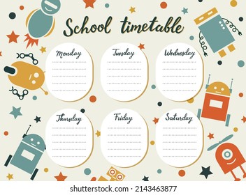 Weekly planner with funny robots and stars in doodle cartoon style. Kids schedule design template. Vector illustration.