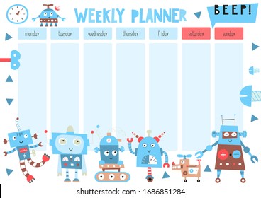 Weekly planner with funny robots and transformers in doodle cartoon style. Kids schedule design template. Vector illustration.