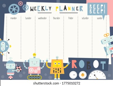 Weekly planner with funny robots and transformers in flat cartoon style. Kids schedule design template. Vector illustration.