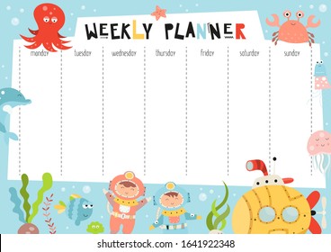 Weekly planner with funny underwater animals, submarine, diver and fishes in doodle cartoon style. Kids schedule design template. Vector illustration.