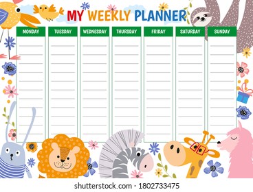 A weekly planner with funny wild animals. Sloth, llama, rabbit, zebra, lion, bird, giraffe in doodle cartoon style. Kids timetable design template.