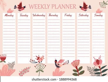 Weekly planner with geometric birds. Schedule for a week with Abstract flowers. Spring Printable timetable in pink color. Daily Memo on week for education, business.
