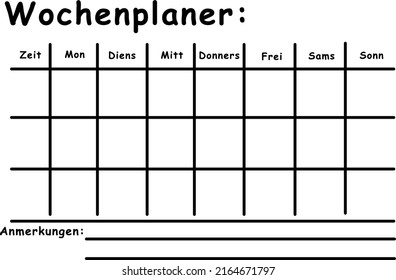 Weekly planner in german, blank template. Vector digital planner illustration design new