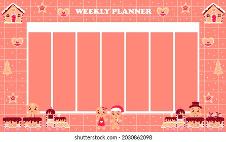 Weekly planner with gingerbread chracters in cartoon style for kids, printable timetable for winter for children, dairy page template with xmas themed design elements