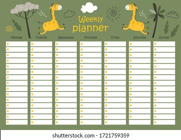 Weekly planner with Giraffes for kids schedule design template.
